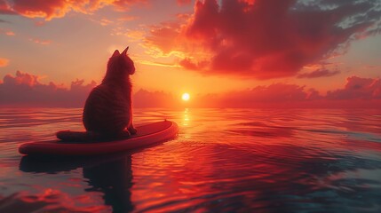 Serene cat on paddleboard glides over glassy water, a moment of peace at sunrise no grunge, no splash, no dust, high resolution, 3D render