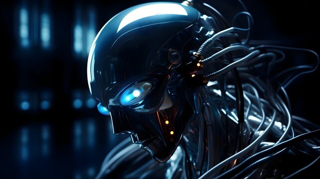 Cybernetic Alien in Futuristic Science Lab with Glowing Wires and Vacuum Tubes Advanced Artificial Intelligence and Robotics Technology Concept