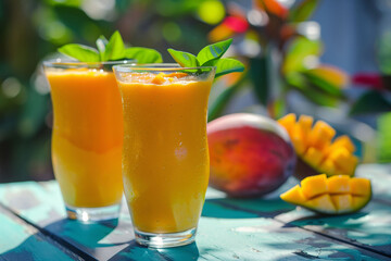 Two glasses of homemade mango smoothie on a rustic turquoise table, with fresh mangoes and greenery in the background..