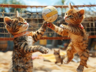 Competitive cats engaging in a spirited game of beach volleyball under the summer sun no grunge, no...