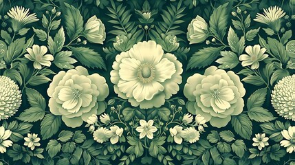 A seamless floral pattern with symmetrical design in muted tones suitable for wallpaper or textile printing.