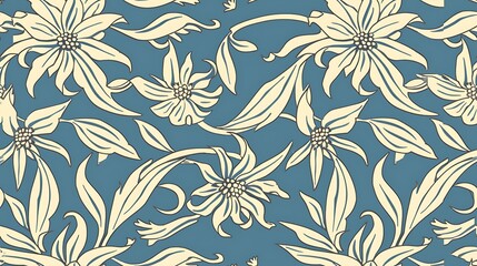 Fototapeta na wymiar Elegant floral pattern with stylized flowers and leaves on a blue background for versatile design use.