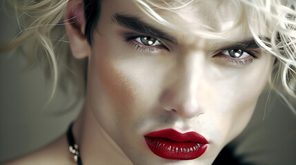 Effeminate male model with platinum blonde hair and striking red lipstick, giving a retro vibe