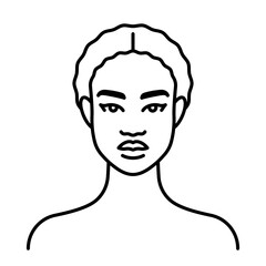 Black woman, line icon. African-american ethnicity. Portrait young woman. Female face, head, neck, shoulders, front view. Minimalist style, linear illustration, editable strokes