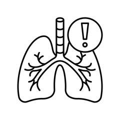 Trouble breathing, linear icon. Human lungs and exclamation mark. Health screening and attention to respiratory system. Line icon, outline illustration, editable stroke.
