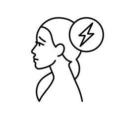 Headache line icon. A pretty female head with a lightning pain mark. Sad woman face, side view. Headache attack and stress. Linear illustration, editable stroke.