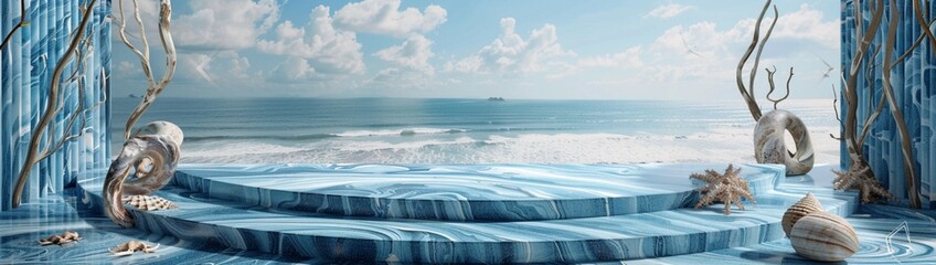 A coastal-inspired podium crafted from blue marble with swirling patterns reminiscent of ocean...
