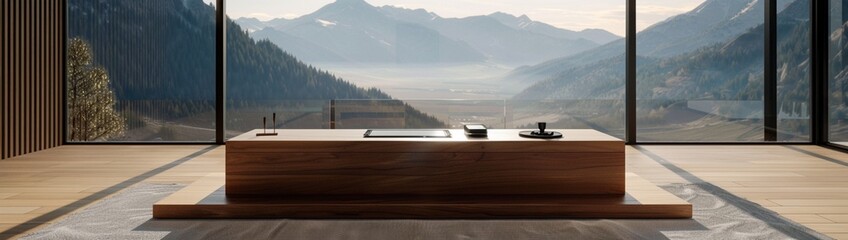 A contemporary podium crafted from sleek walnut wood, with clean lines and minimalist design, set against a backdrop of floor-to-ceiling windows overlooking a scenic mountain vista.