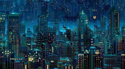 Fototapeta na wymiar Abstract Neon Circuit Cityscape Illustration . A digital illustration of a bustling neon cityscape, intricately intertwined with circuit patterns, highlighting a synthesis of urban development and tec