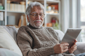 An older man is sitting on a couch and holding a tablet. He is wearing glasses and he is focused on the screen. Concept of relaxation and leisure
