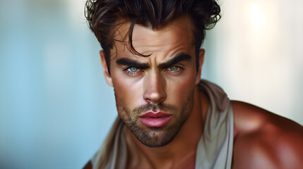 Brooding muscular male model with furrowed brow and piercing blue eyes posing for the camera