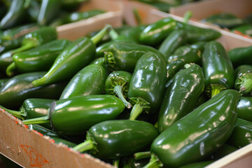 A crate filled with fresh jalapeño peppers at a local farmers market, showcasing their vibrant green color and glossy texture, indicative of their spicy flavor.