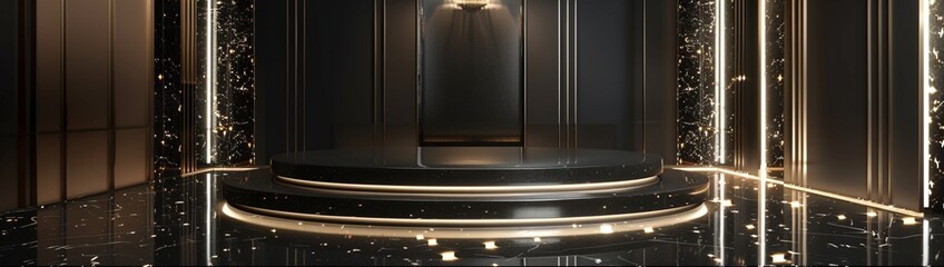 A luxurious podium fashioned from rare black onyx, polished to a mirror-like sheen and encrusted with shimmering Swarovski crystals, radiating sophistication in a modern setting. - obrazy, fototapety, plakaty