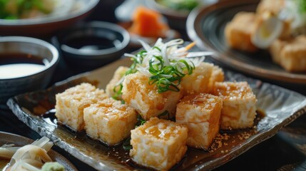 Fried Tofu on a plate with soy sauce. Selective focus
