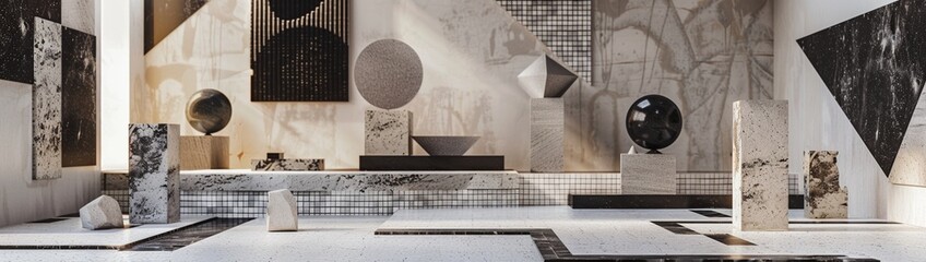 A mosaic podium adorned with geometric patterns in monochromatic tones, ready to exhibit minimalist art pieces and sculptures.