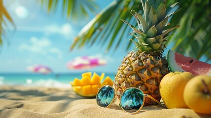 Consider adding additional elements such as sunglasses, beach towels, or tropical fruits to further enhance the summery vibe of the scene ,4k - obrazy, fototapety, plakaty