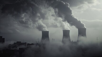 Power plant polluting environment with smoke. - obrazy, fototapety, plakaty