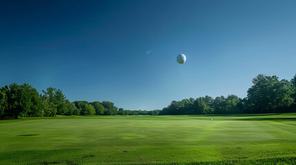 This stunning image captures a solitary golf ball in mid-flight against a clear, serene blue sky surrounded by the rich greenery of a tranquil golf course - Powered by Adobe