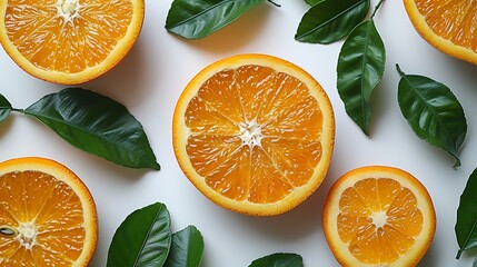 Fresh orange slices with green leaves on a white background, a bright and natural citrus themed image perfect for healthy lifestyle concepts. 