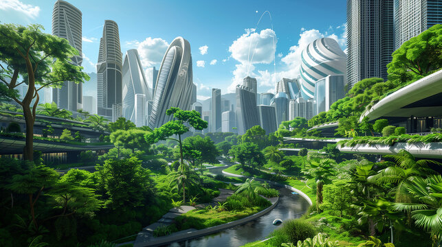 Futuristic Green Cityscape with Lush Parks and Skyscrapers
. A visionary city harmonizes nature and urban architecture, with skyscrapers emerging from vibrant green parks under a clear sky.
