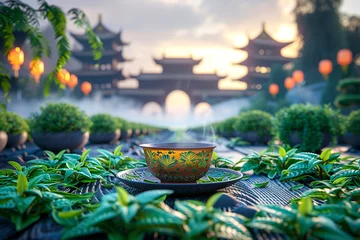 Schilderijen op glas Oolong tea making its way into a cup, encircled by oolong leaves, in front of an ornate Asian bridge © weerasak