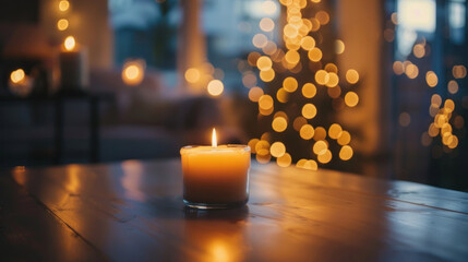 Lit candle on a table with a blurred Christmas tree in the background.