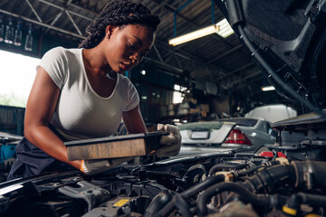 Portrait of woman Auto mechanic are repair mechanical part and maintenance auto engine is problems...