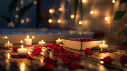 Romantic setting with candles and rose petals on a wooden table.