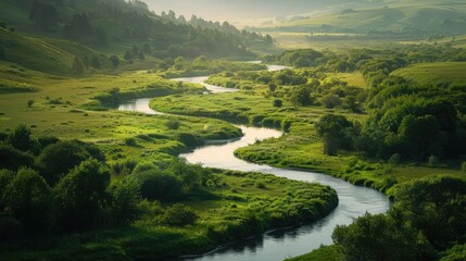 A tranquil river winding its way through a peaceful valley, its gentle flow a reflection of the serene rhythm of nature.