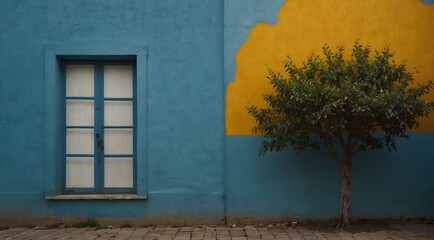 a tree in front of the dilapidated blue-yellow facade of the house