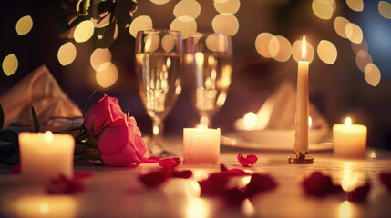 Romantic Evening: Candlelit Dinner Ambiance with Champagne and a Single Red Rose