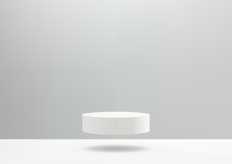 3D white cylinder podium floats in the air on a white floor on gray background