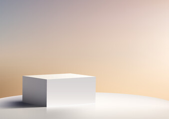 3D simple white cube podium sits on a plain white surface minimal wall scene background