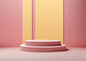 3D pink podium with a yellow wall in the pink background. Product mockup display