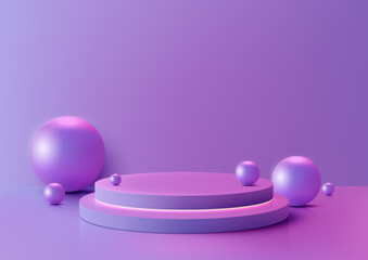 3D pink platform podium with shiny purple balls scattered around it, all set against a purple backdrop. Product mockup display - 776850981