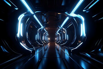 Futuristic Sci Fi Corridor with Glowing Neon Lights and Abstract Interior Design