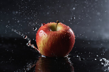 A juicy, ripe apple falls into the water. Splashes and drops of water on an apple