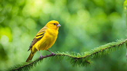 Yellow feathered canaries on tree branches, bird protection