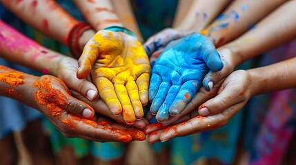 A circle of hands covered with vibrant colored powder in celebration of Holi festival. 