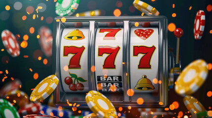 
A vibrant slot machine displays a winning combination of sevens, surrounded by a dynamic swirl of coins and casino chips in mid-air, against a festive background with sparkling lights.