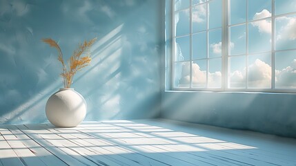 A serene interior scene with a vase of flowers on a sunlit blue wall by a large window with a view of a cloud-filled sky