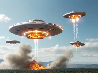UFOの地表攻撃　Generative AI - obrazy, fototapety, plakaty