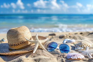 Beach essentials with a straw hat, sunglasses, and seashells on the sand.