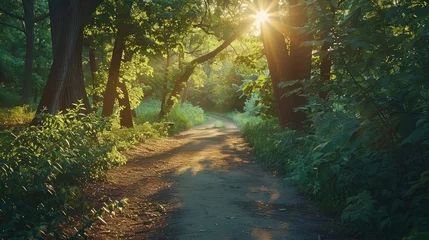 Foto op Canvas A tranquil outdoor running trail winding through lush forest scenery, with dappled sunlight filtering through the trees and providing the perfect backdrop for a rejuvenating workout. © sania