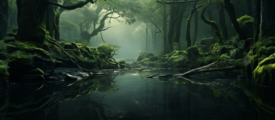 Lush greenery fills a dense forest with moss-covered trees surrounding a gently flowing stream in the foreground - obrazy, fototapety, plakaty