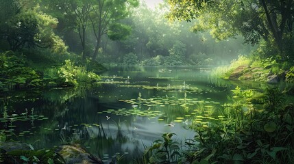 A tranquil pond nestled within a verdant forest, its surface reflecting the tranquil beauty of the...
