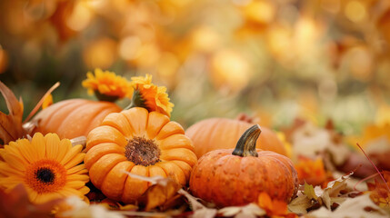 Autumn Harvest Pumpkins and Flowers