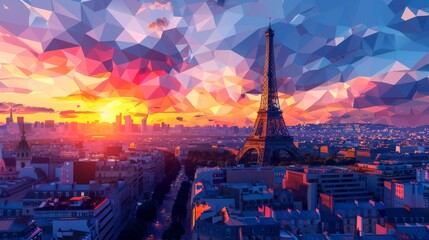 Low poly 3d image of polygon Paris, France landscape