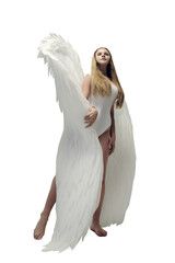 a romantic angel girl in a white bodysuit with white wings poses standing waving her wings in a...