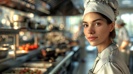 Woman chef cook at the kitchen with proud face - obrazy, fototapety, plakaty